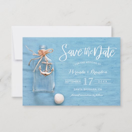 Invitation Bleu rustique, Flacon, Ancre, Plage Enregistrer la (Devant)