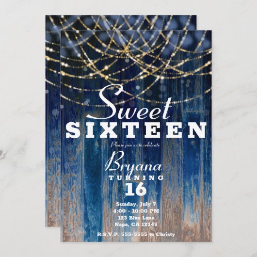 Invitation Bleu Rustique Grange Côtière Bois Bokeh Sweet 16 (Devant / Derrière)
