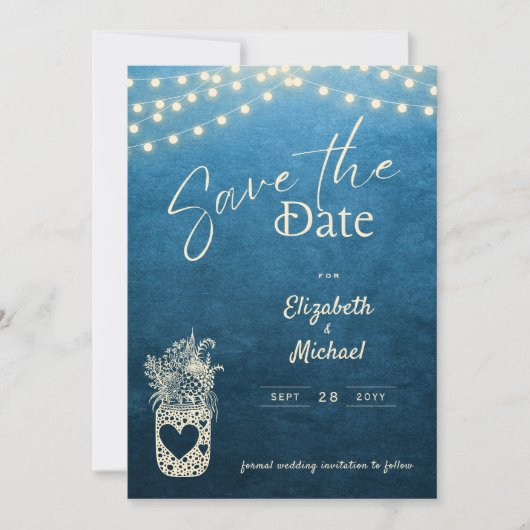 Invitation Bleu rustique Mason Jar Enregistrer la date Impres (Devant)