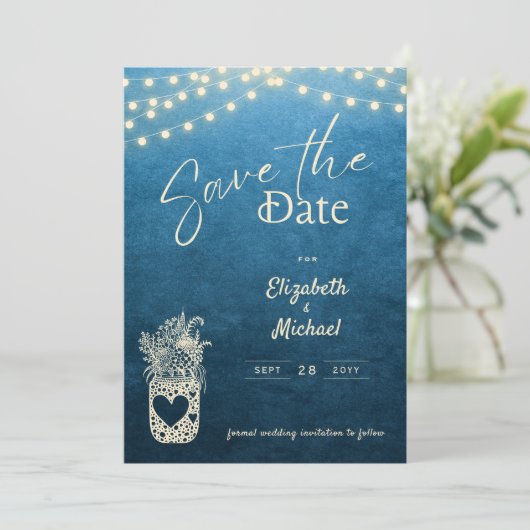 Invitation Bleu rustique Mason Jar Enregistrer la date Impres (Debout devant)