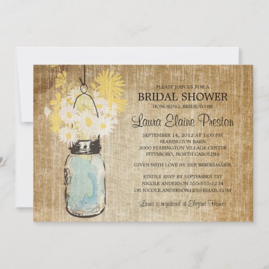 Invitation Bleu rustique Mason Jar et Fleur sauvage Daisies (Devant)