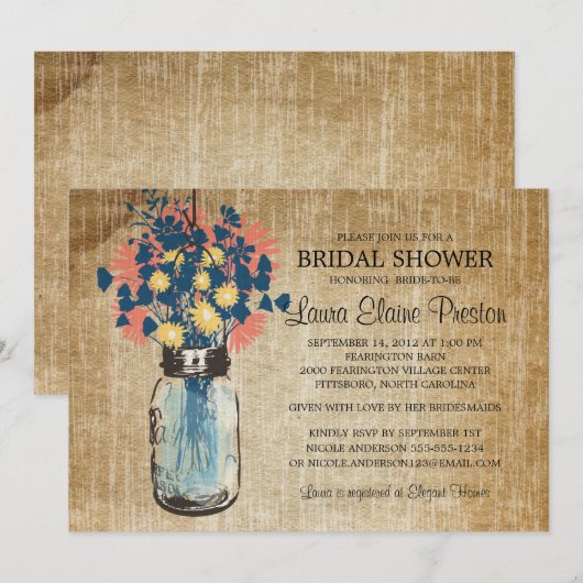 Invitation Bleu rustique Mason Jar et Fleur sauvage Daisies (Devant / Derrière)