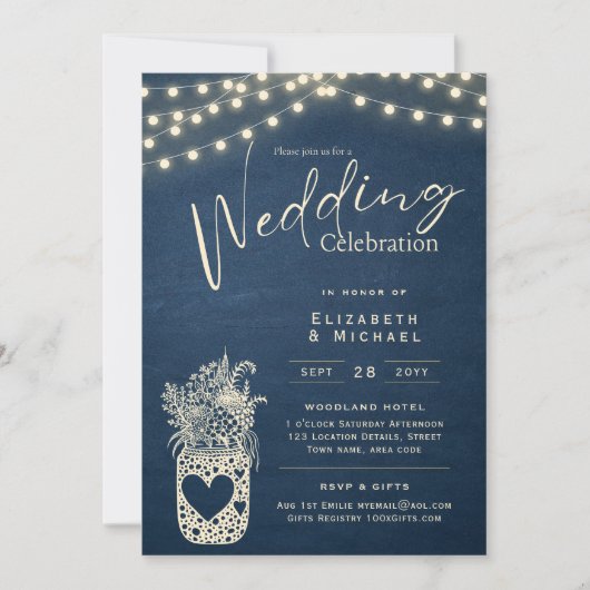 Invitation Bleu Rustique Mason Jar Mariage DIGITAL Imprimer (Devant)
