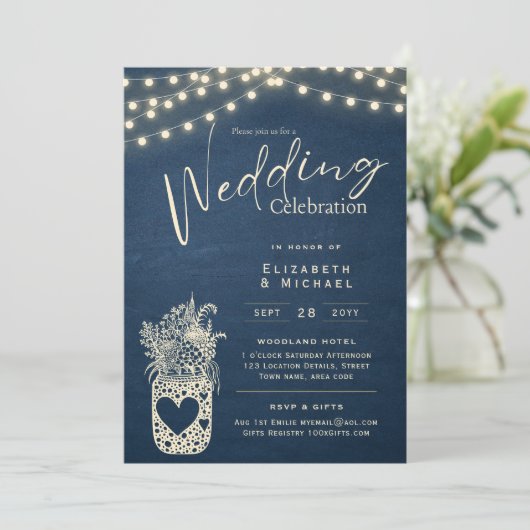 Invitation Bleu Rustique Mason Jar Mariage DIGITAL Imprimer (Debout devant)