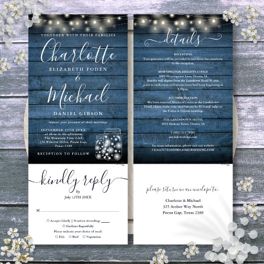 Invitation Bleu Rustique Mason Jars Éclairage Tout En Un Mari