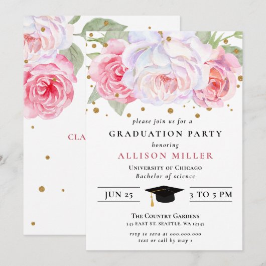 Invitation Bleu Rustique Or Floral Graduation Botanique (Devant / Derrière)