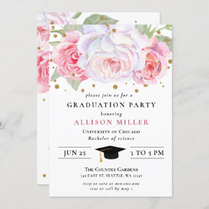 Invitation Bleu Rustique Or Floral Graduation Botanique