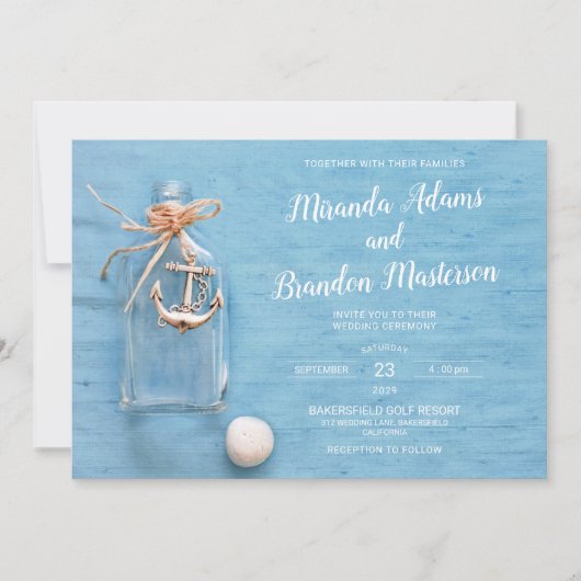 Invitation Bleu rustique, Petit Flacon, Ancre, Mariage plage (Devant)