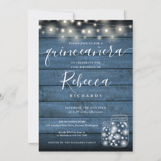 Invitation Bleu Rustique String lumières Script Quinceañera 1 (Devant)