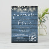 Invitation Bleu Rustique String lumières Script Quinceañera 1 (Debout devant)