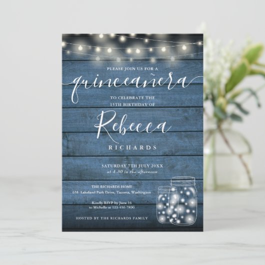 Invitation Bleu Rustique String lumières Script Quinceañera 1 (Debout devant)