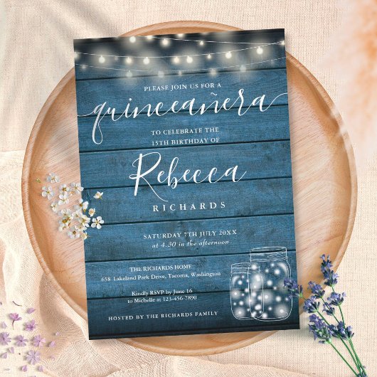 Invitation Bleu Rustique String lumières Script Quinceañera 1