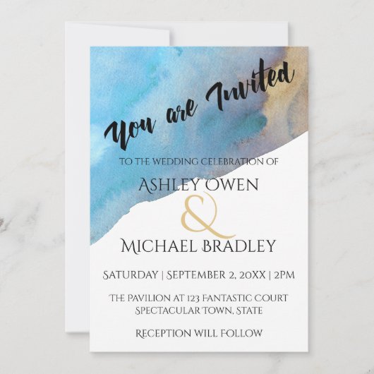 Invitation Bleu & Sable Abstrait Aquarelle Mariage 2 (Devant)
