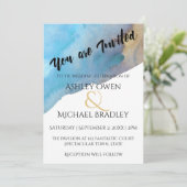 Invitation Bleu & Sable Abstrait Aquarelle Mariage 2 (Debout devant)