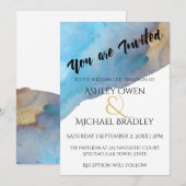 Invitation Bleu & Sable Abstrait Aquarelle Mariage 2 (Devant / Derrière)