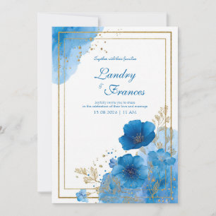 Invitation Bleu Saphir Profond Floral Aquarelle Feuille D'or