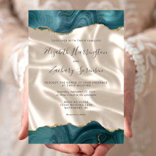 Invitation Bleu sarcelle Agate or Ivoire Soie Mariage