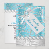 Invitation Bleu sarcelle Blanc Perle Diamants Fête d'annivers (Devant / Derrière)
