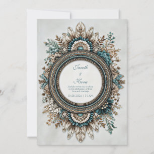 Invitation Bleu sarcelle Brun Plume Floral Rustique Mariage