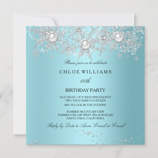 Invitation Bleu sarcelle Cristal Perle Flocon de neige Argent (Devant)