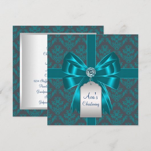 Invitation Bleu sarcelle damas bébé baptême (Devant / Derrière)