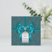 Invitation Bleu sarcelle damas bébé baptême (Debout devant)