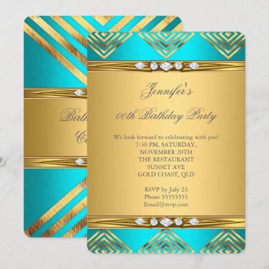 Invitation Bleu sarcelle déco rayure or diamant fête (Devant / Derrière)