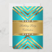 Invitation Bleu sarcelle déco rayure or diamant fête (Dos)
