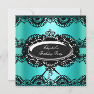 Invitation Bleu sarcelle élégant Noir Argent Broderie Anniver
