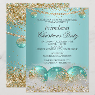 Invitation Bleu sarcelle Gold Baubles Friendsmas Fête de Noël