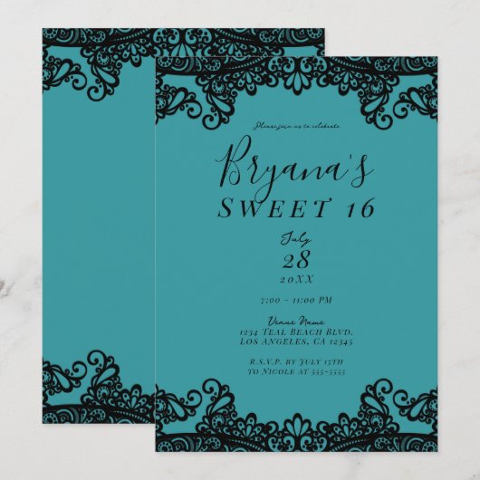 Invitation Bleu sarcelle Vert Noir Dentelle Fête Douce 16 (Devant / Derrière)