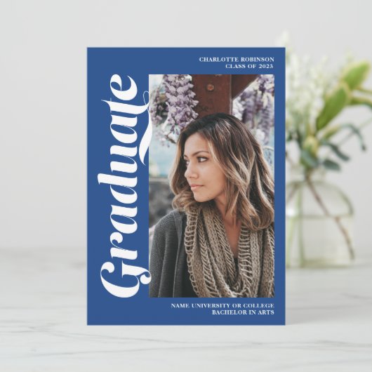 Invitation Bleu script 3 diplôme photo (Debout devant)