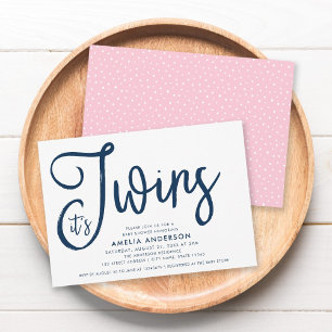 Invitation Bleu Script et rose C'est Twins Baby shower