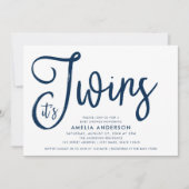 Invitation Bleu Script et rose C'est Twins Baby shower (Devant)