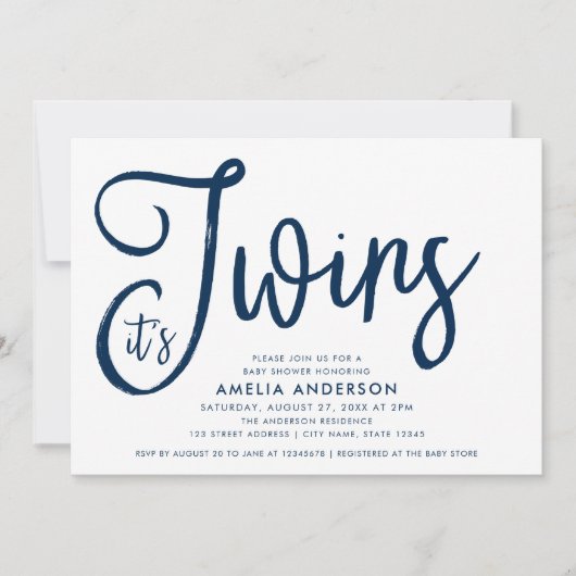 Invitation Bleu Script et rose C'est Twins Baby shower (Devant)