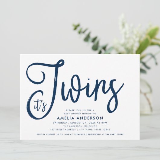Invitation Bleu Script et rose C'est Twins Baby shower (Debout devant)