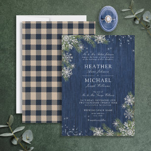 Invitation Bleu Silver Hiver Bois Plaid Rustique Mariage