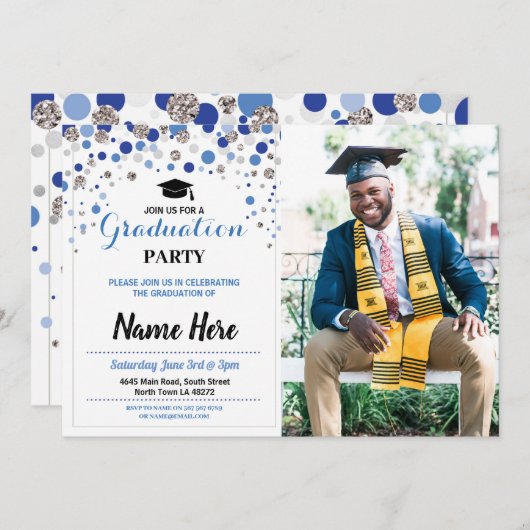 Invitation Bleu Silver Party Polka Point Photo (Devant / Derrière)