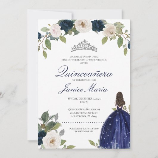 Invitation Bleu Silver Tiara Floral Robe élégante Quinceañera (Devant)