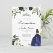 Invitation Bleu Silver Tiara Floral Robe élégante Quinceañera (Debout devant)