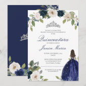 Invitation Bleu Silver Tiara Floral Robe élégante Quinceañera (Devant / Derrière)