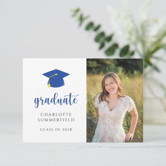 Invitation Bleu simple Bleu Diplôme d'or Casquette Tassel Inv (Debout devant)