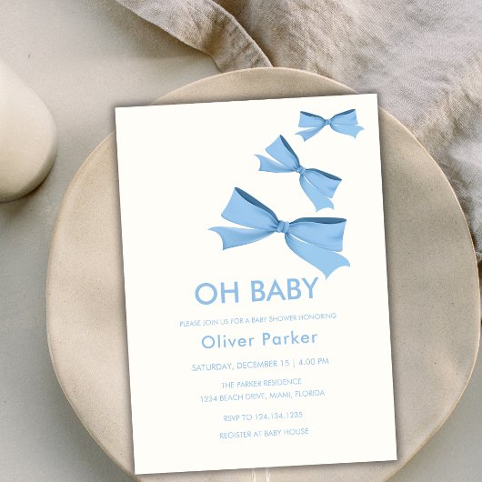 Invitation Bleu simple Bow Ribbon Boy Baby shower