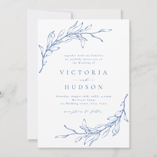 Invitation Bleu simple couronne botanique mariage rustique (Devant)