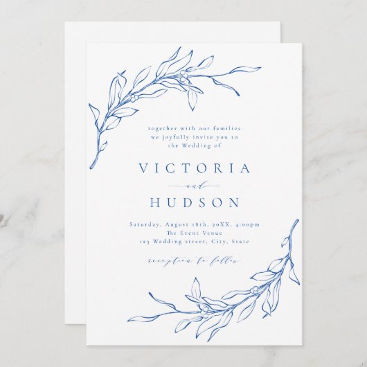 Invitation Bleu simple couronne botanique mariage rustique (Devant / Derrière)