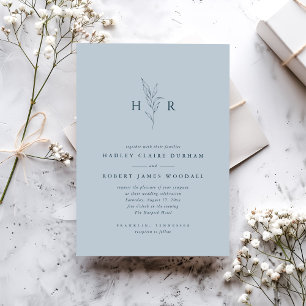 Invitation Bleu Simple Minimal Monogramme Mariage botanique