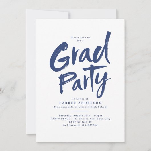 Invitation Bleu Simple Moderne Brosse Script Graduation Party (Devant)