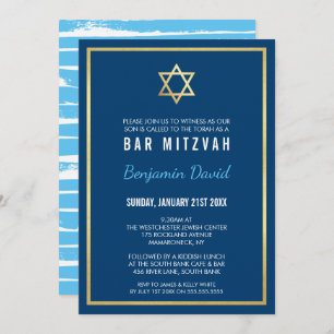 Invitation Bleu simple moderne de mitzvah de barre d'ÉTOILE
