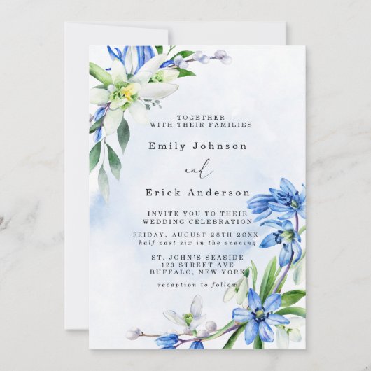 Invitation Bleu Snowdrops Scilla Spring Floral Mariage (Devant)