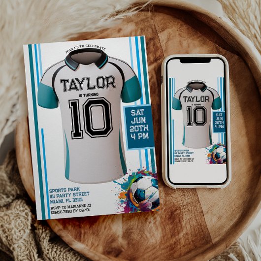 Invitation Bleu soccer Sports Boy Jersey Anniversaire de enfa